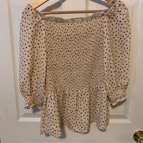NWT Max Studio Smocked Polka Dot Peplum Peasant Blouse - Picture 3 of 5